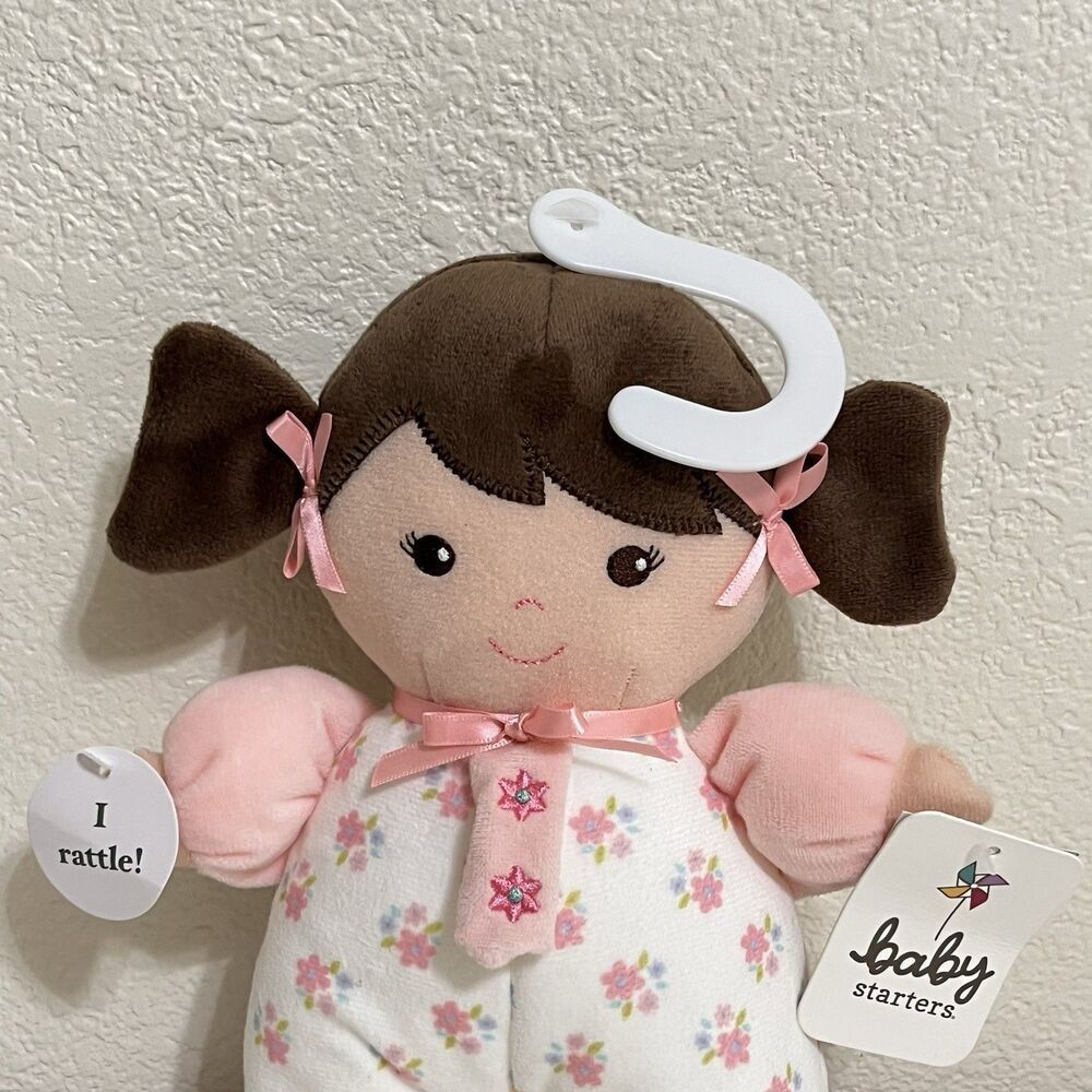 Baby Starters Plush Brunette Olivia Baby Doll with Rattle Lovey Pink Floral 10" - Picture 2 of 10